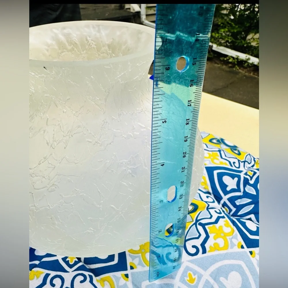 STUDIO ART FROSTED WHITE CRACKLE VASE w/ COBALT BLUE HANDLES